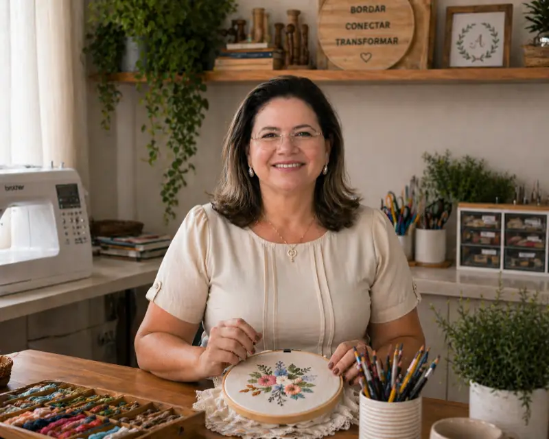 Adriana, professora de bordado eletrônico, sorrindo no ateliê com um bastidor bordado de flores