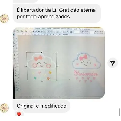 Print de conversa: aluna mostra a matriz original e a modificada de uma nuvem com o nome Yasmin e agradece pelo aprendizado